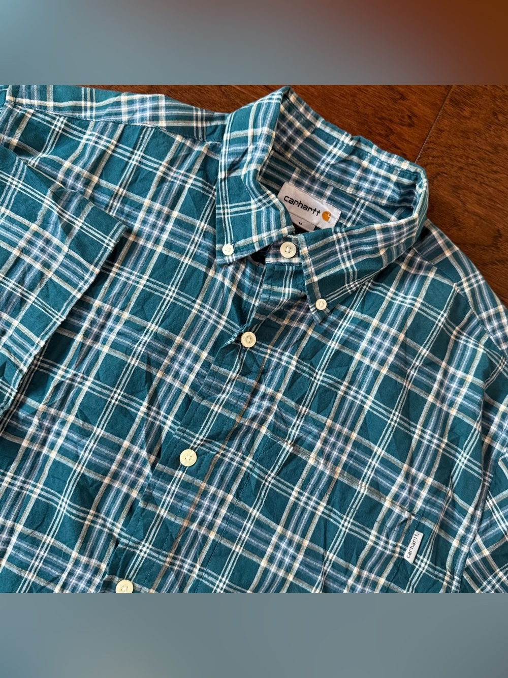 Carhartt Shirt Mens Medium Teal Plaid Short Sleeve Button Down Workwear